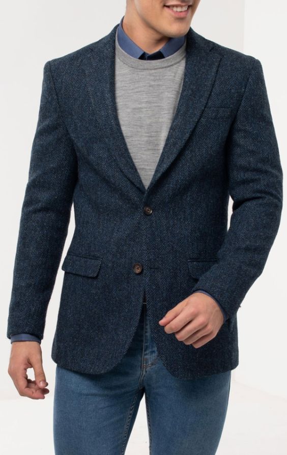 Harris Tweed of Scotland Blue Herringbone Tweed Jacket