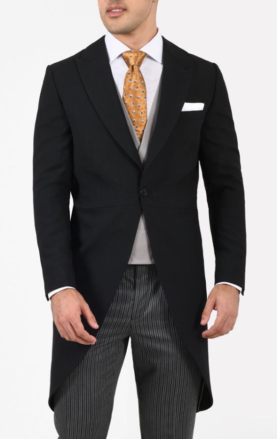 Dobell Black Wool Herringbone Morning Suit with Striped Pants