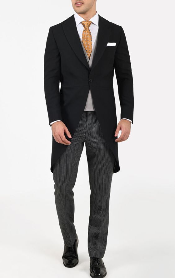 Dobell Black Wool Herringbone Morning Suit with Striped Pants