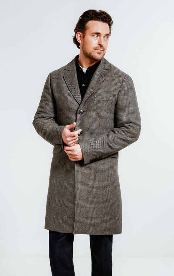 Dobell Grey Prince of Wales Check Tweed Overcoat | Dobell