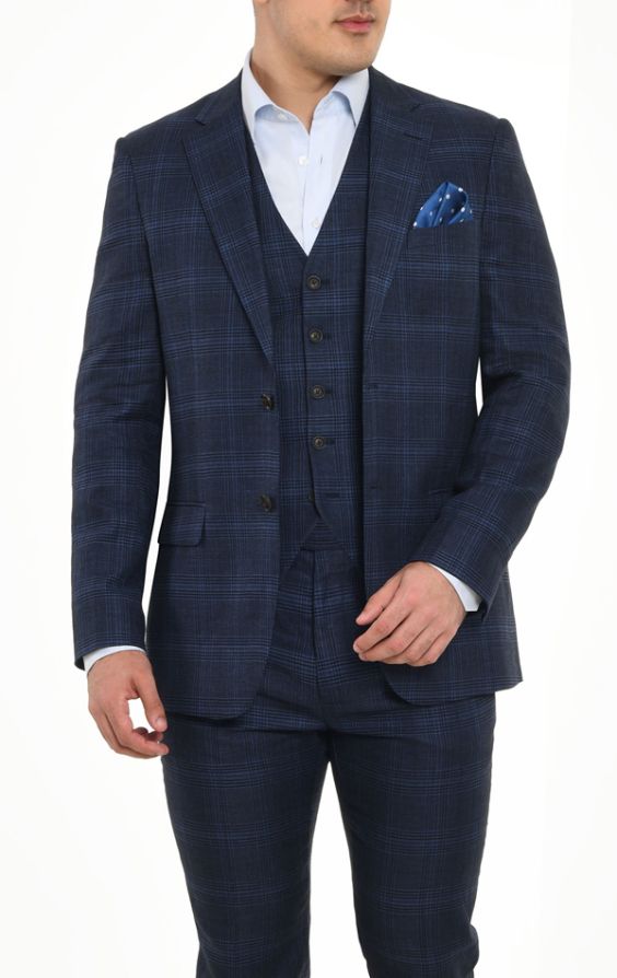 Dobell Blue Check Linen 3 Piece Suit