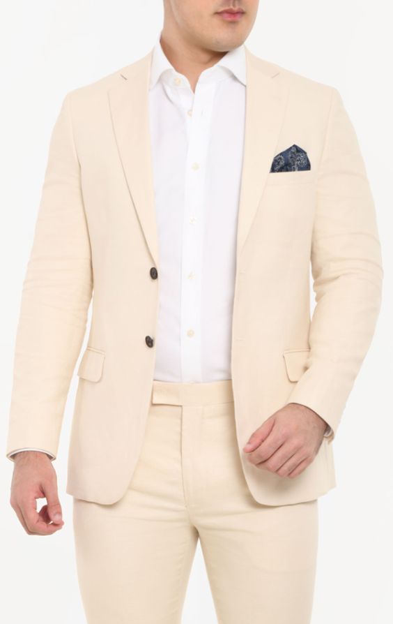 Dobell Cream Linen Slim Fit Suit