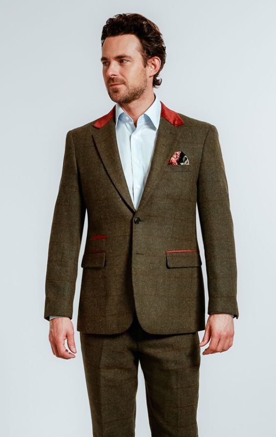 Dobell Green Windowpane Check Tweed Suit with Velvet Trims