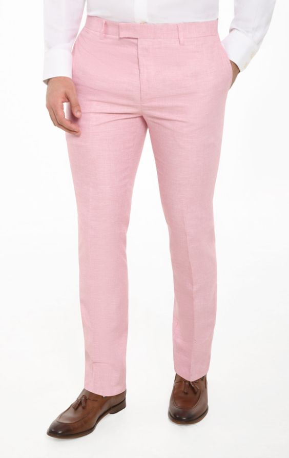 Dobell Light Pink Linen Slim Fit Pants