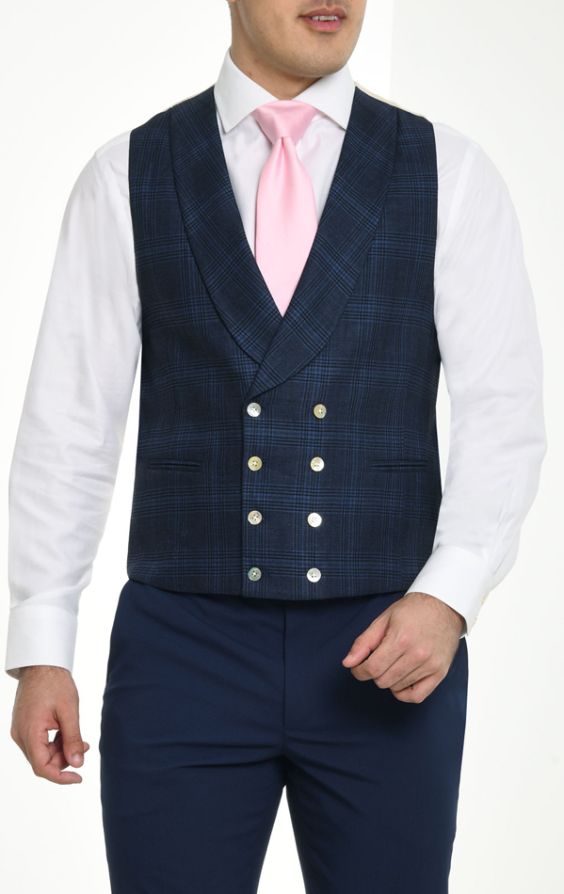 Indtil nu Lim diagonal Dobell Blue Check Linen Double Breasted Shawl Lapel Morning Suit Vest |  Dobell