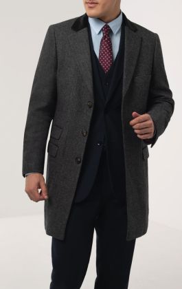 Dobell Grey Herringbone Tweed Overcoat with Velvet Trims | Dobell