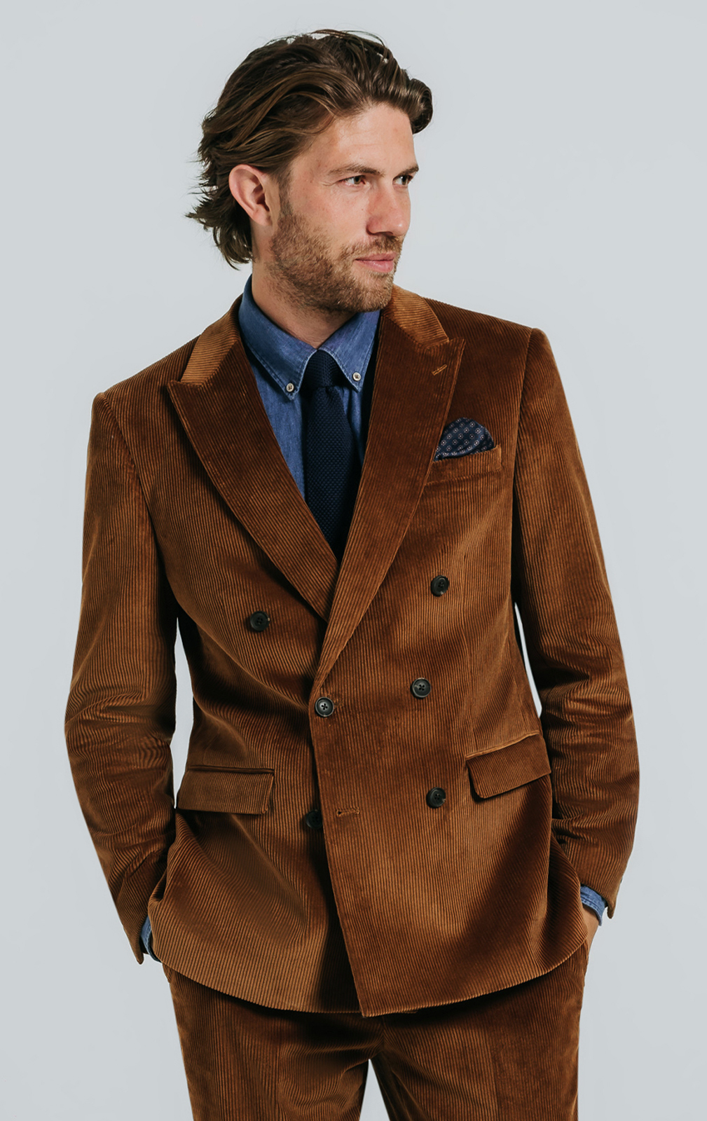 Double Breasted Mid Brown Corduroy Jacket | Dobell