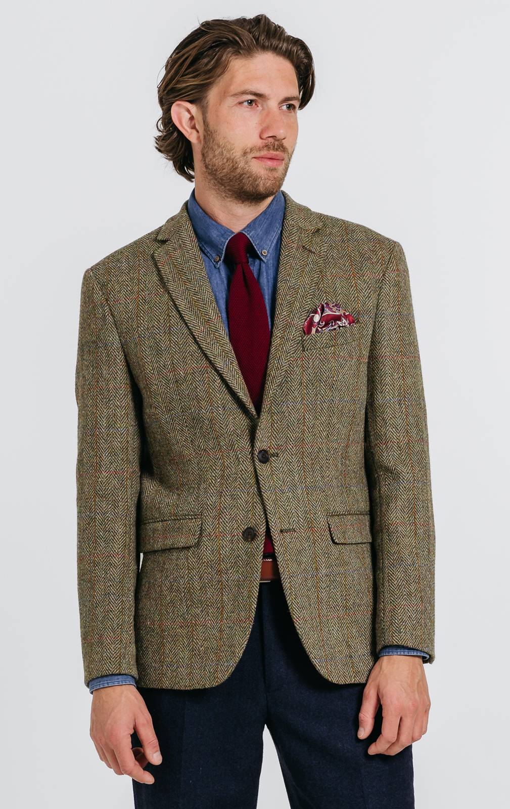 ★英国製 L相当★ Dunn&Co × HARRIS TWEED チェック Harris Tweed of Scotland Green Herringbone Windowpane Check Tweed