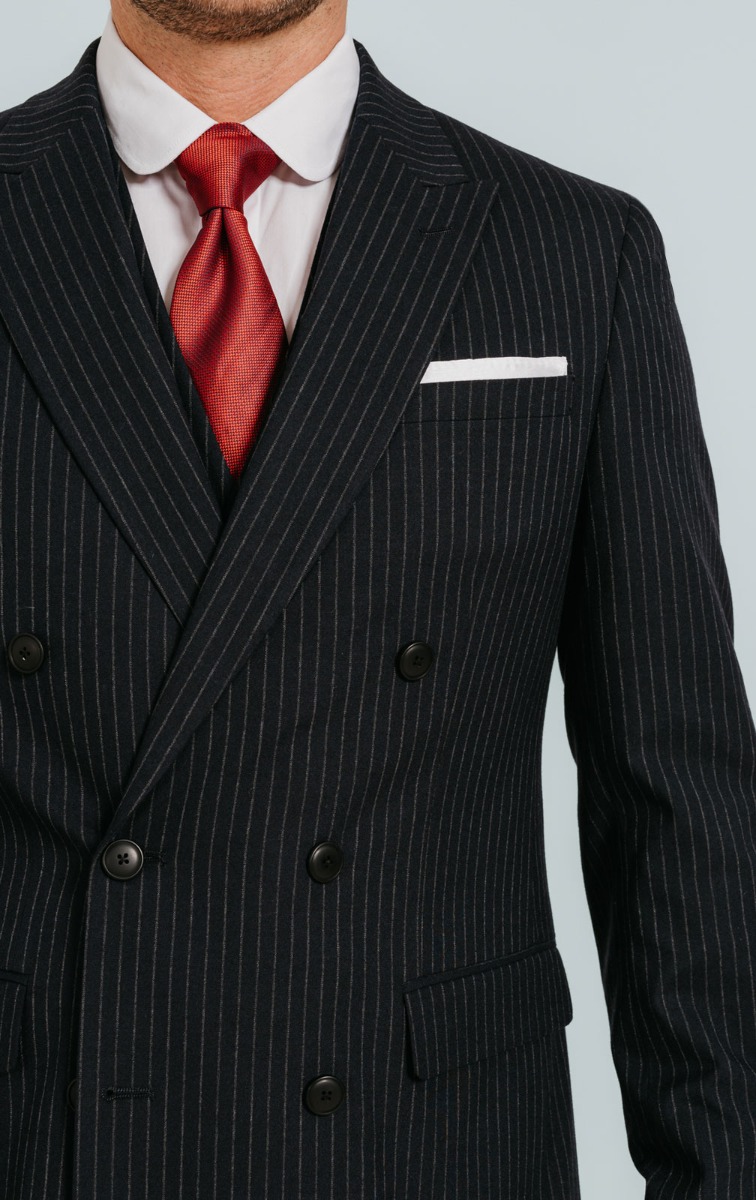 Navy Chalk Stripe Double Breasted Suit Jacket with Peak Lapel | Dobell