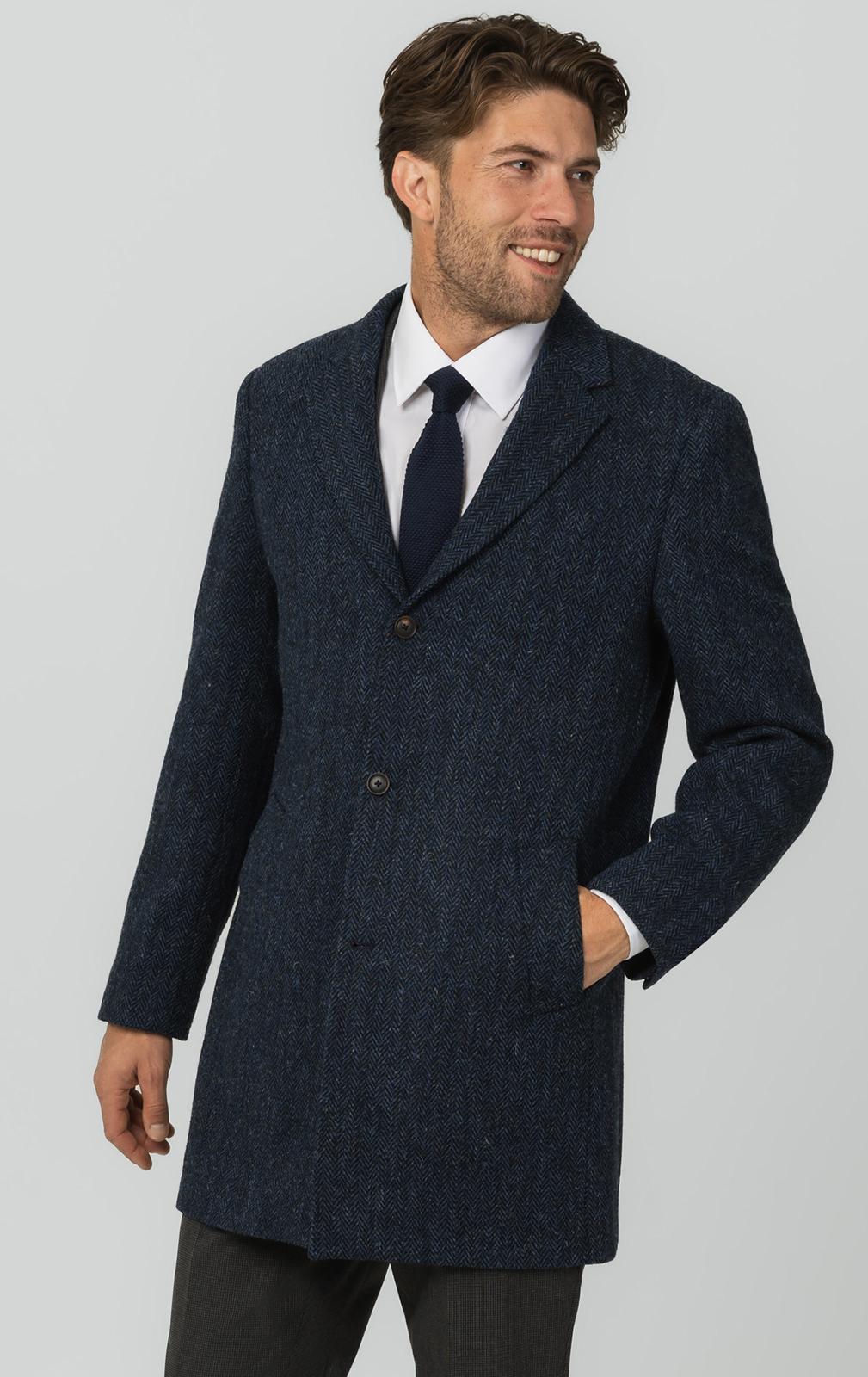 Harris Tweed of Scotland Blue Herringbone Tweed Overcoat | Dobell
