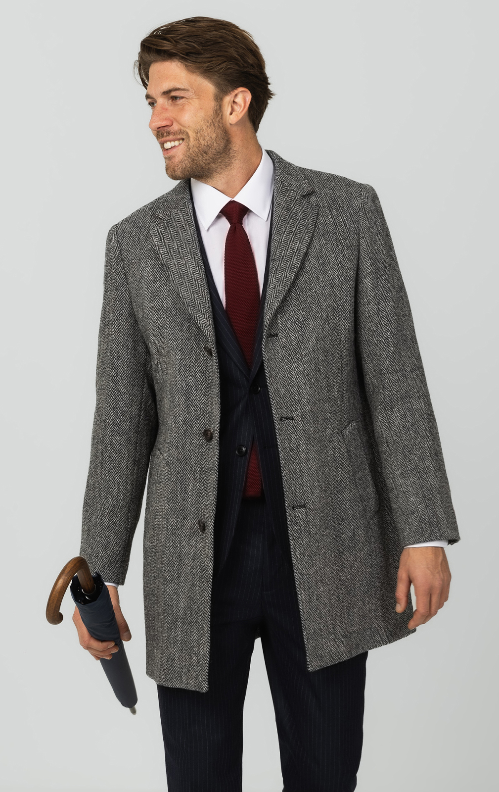 Harris Tweed of Scotland Gray Herringbone Tweed Overcoat | Dobell