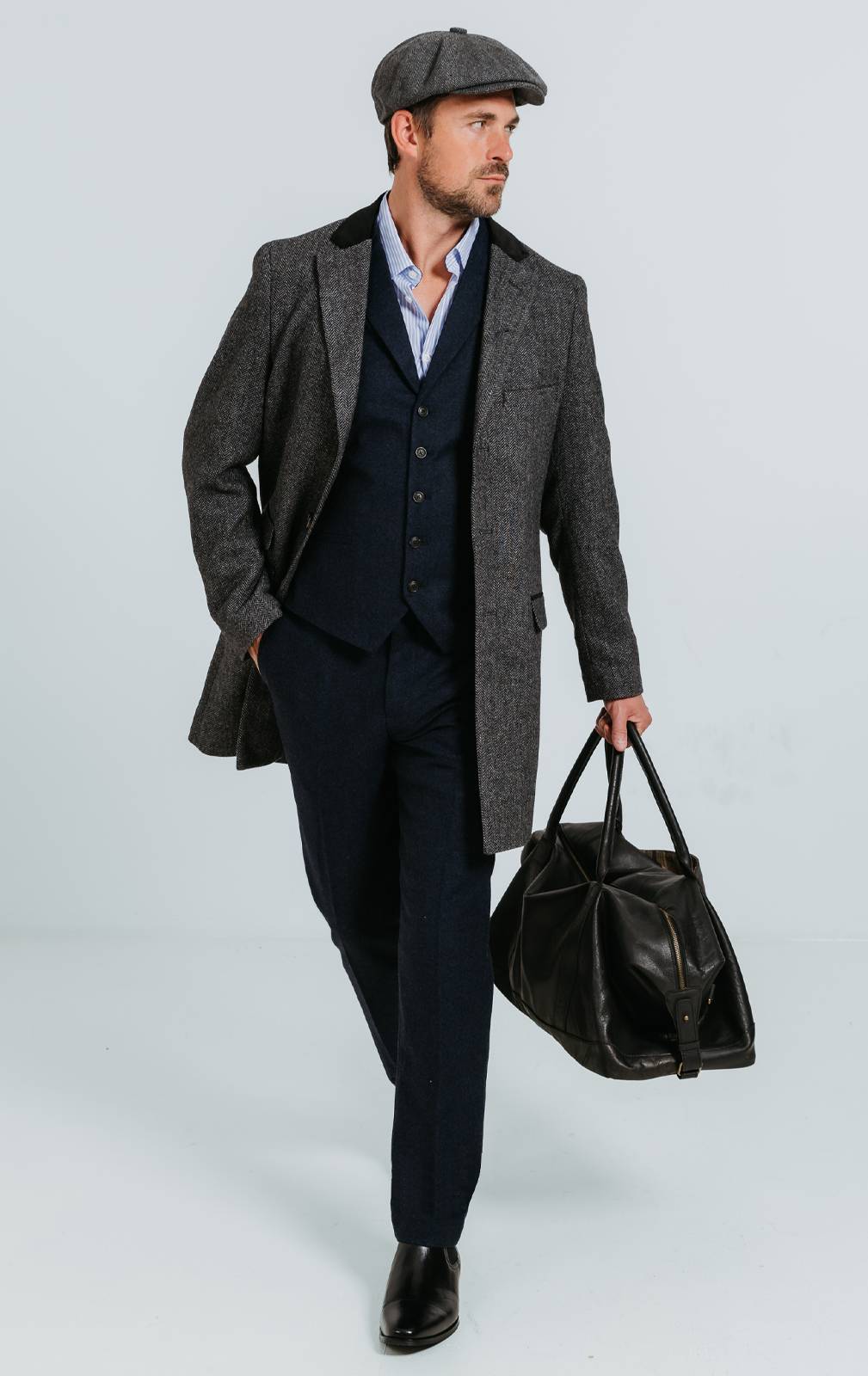 Dobell Gray Herringbone Tweed Overcoat with Velvet Trims | Dobell