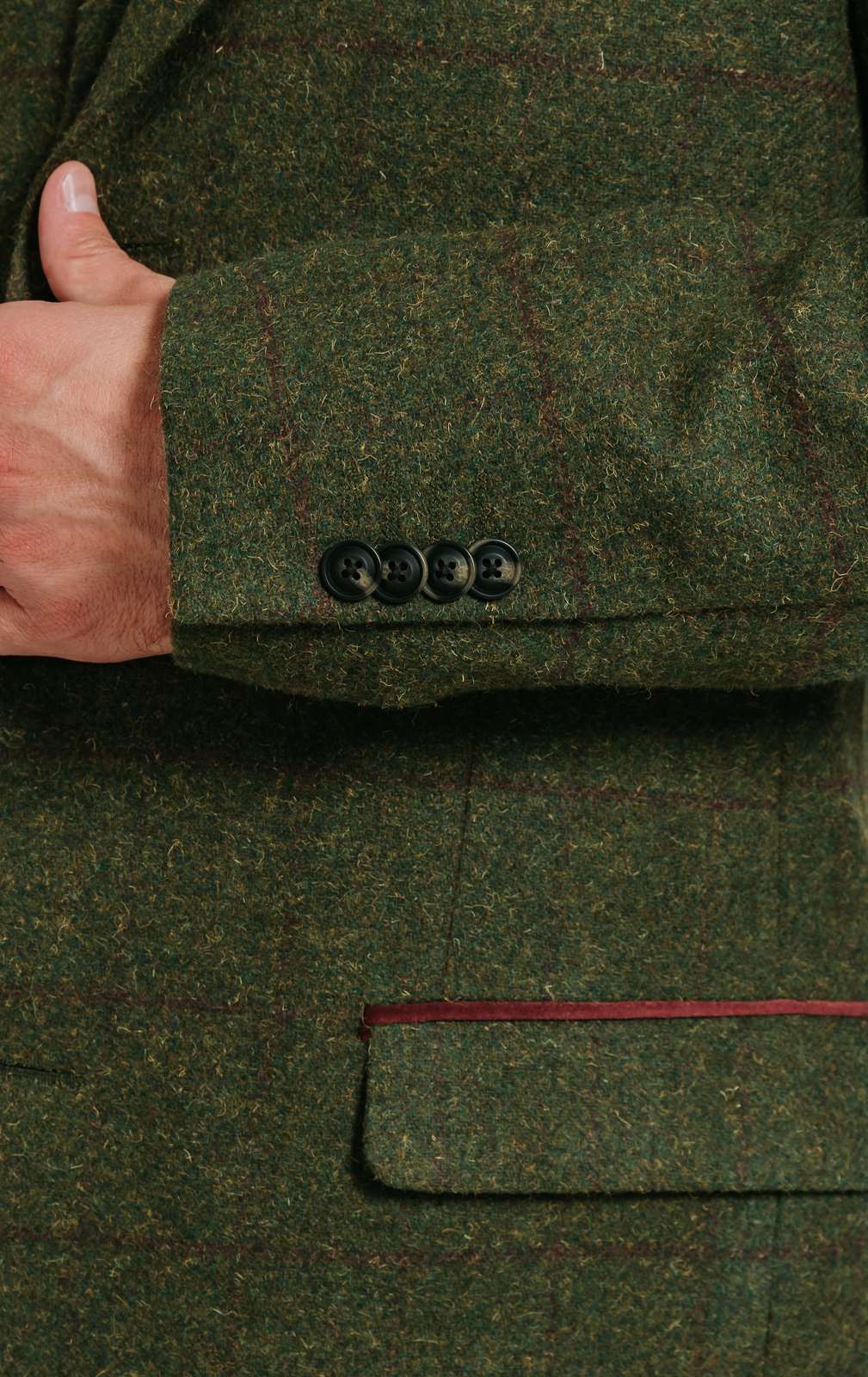 Dobell Green Windowpane Check Tweed Overcoat with Velvet Trims