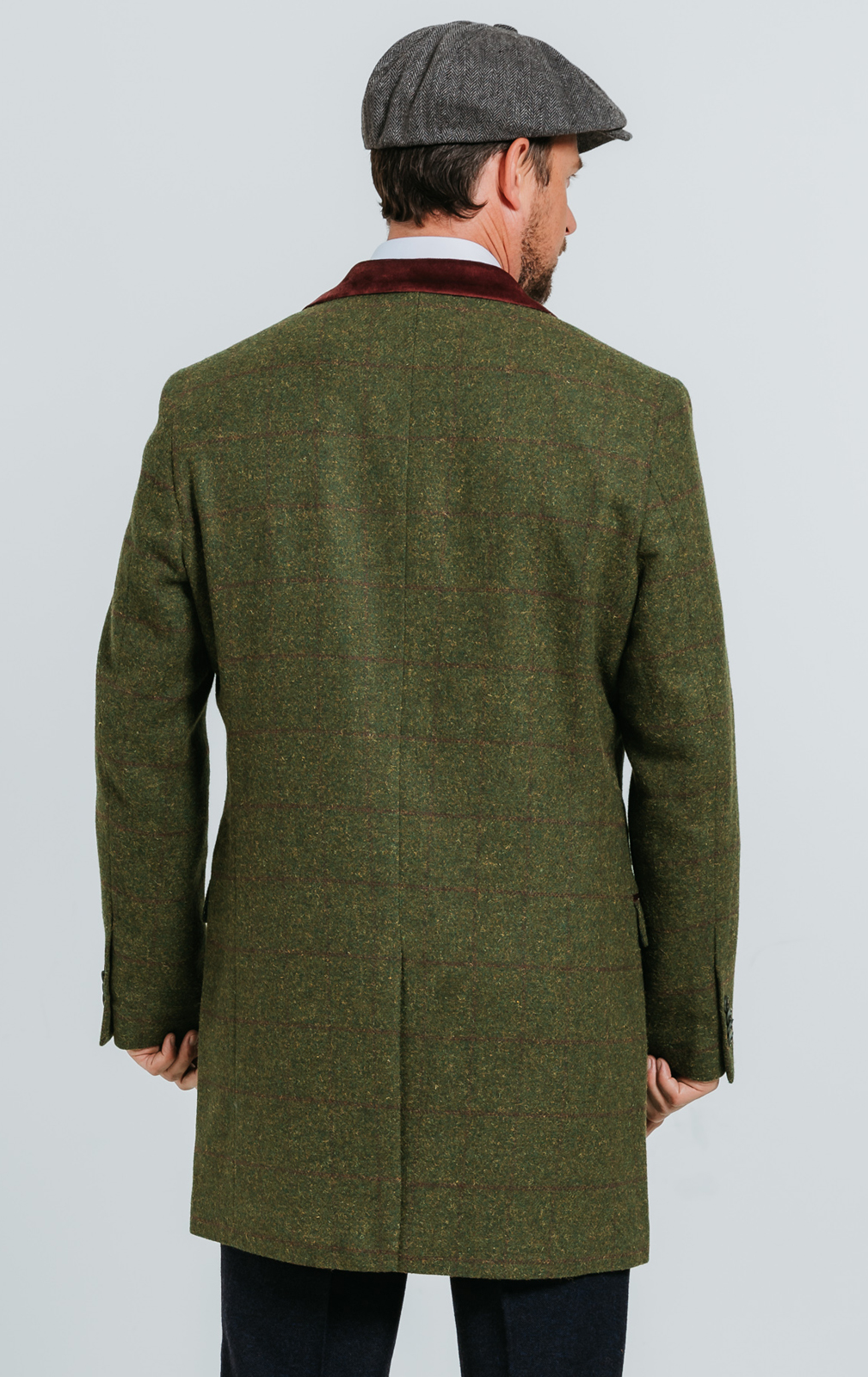 Dobell Green Windowpane Check Tweed Overcoat with Velvet Trims