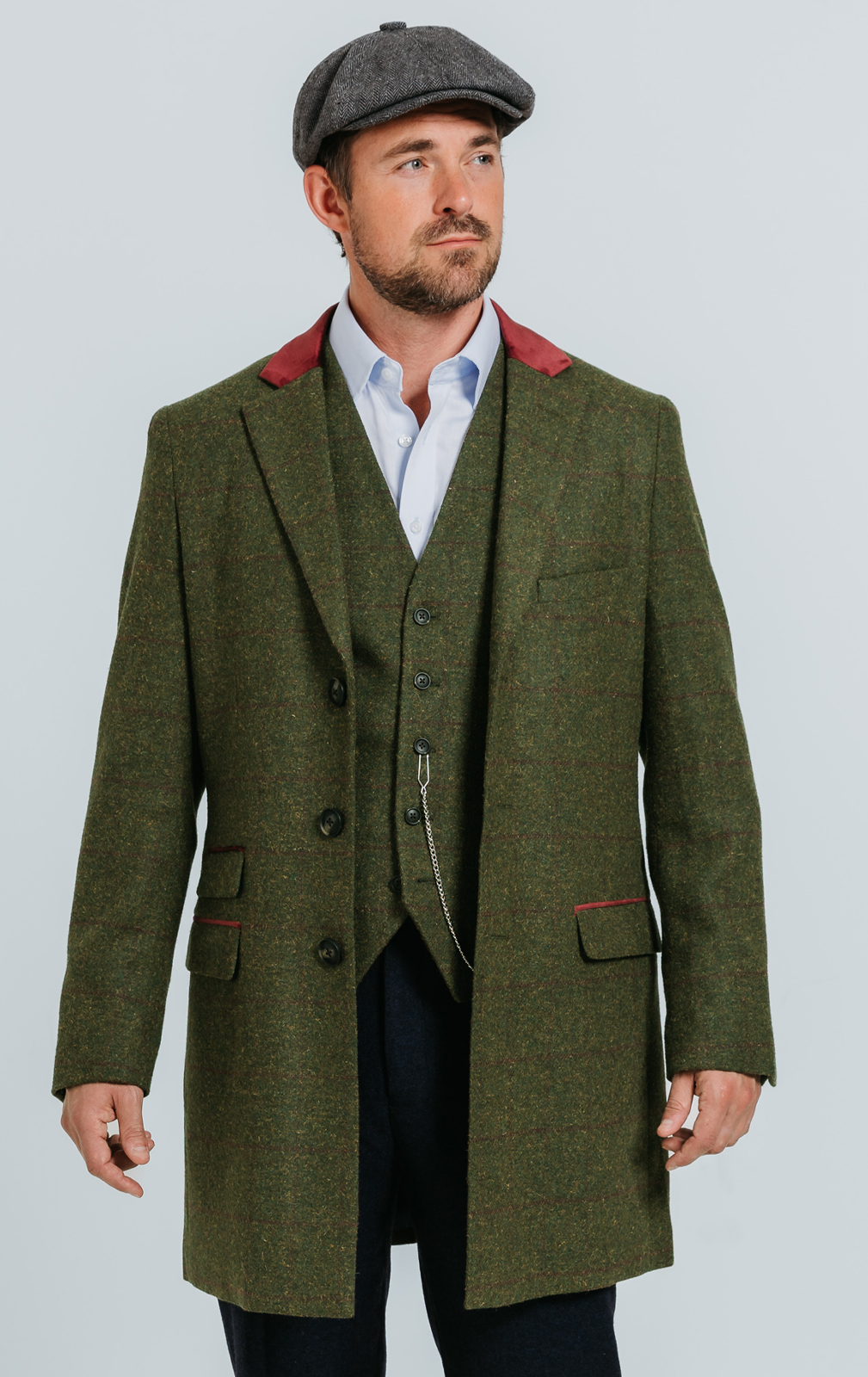 Dobell Green Windowpane Check Tweed Overcoat with Velvet Trims
