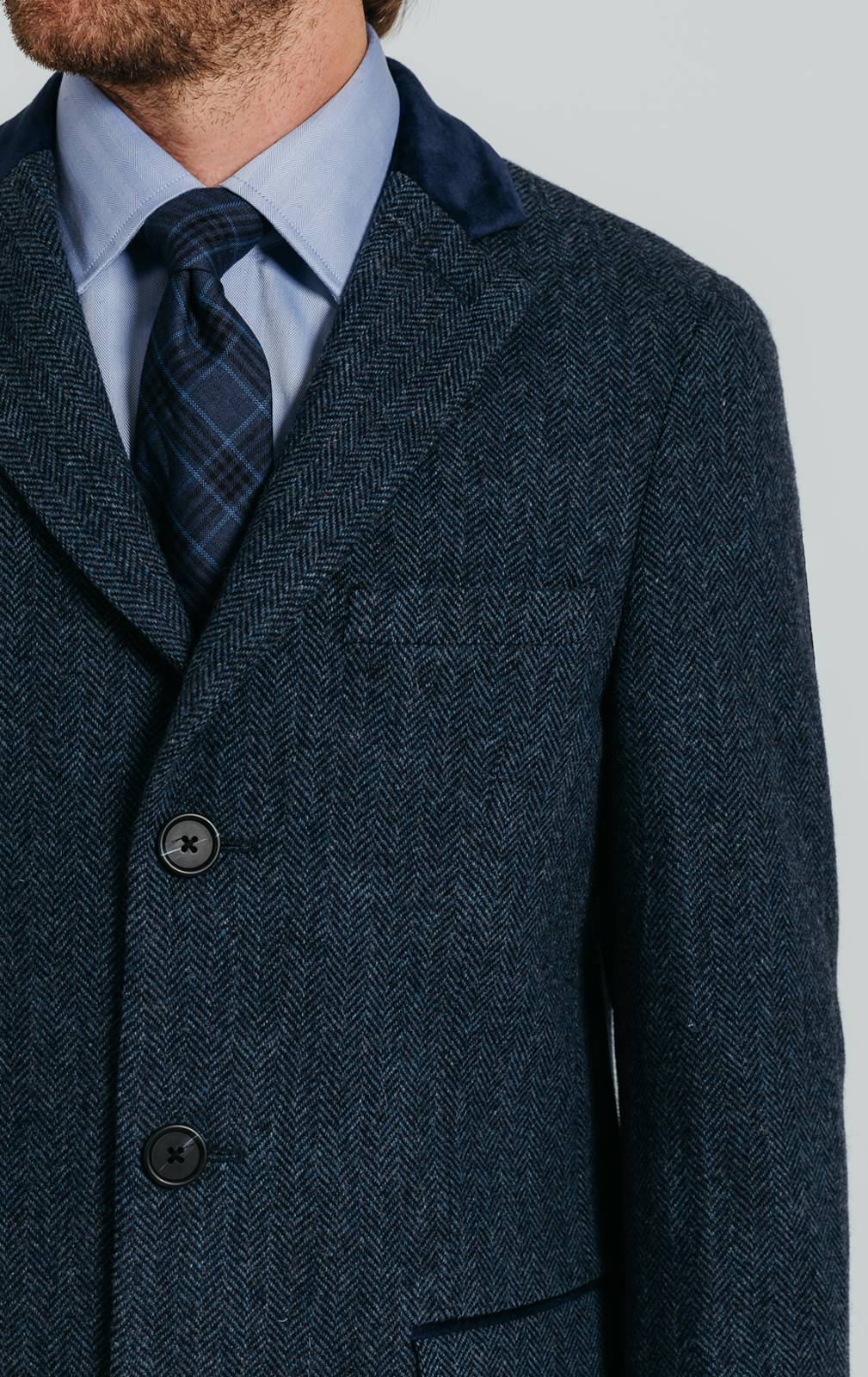 Navy Herringbone Overcoat with Velvet Trim | Dobell