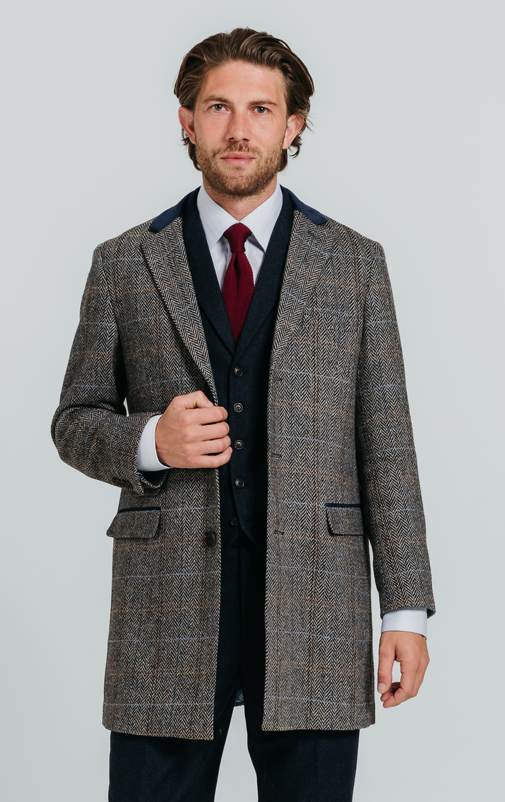 Gray and Blue Check Tweed Wool Blend Overcoat with Velvet Trim