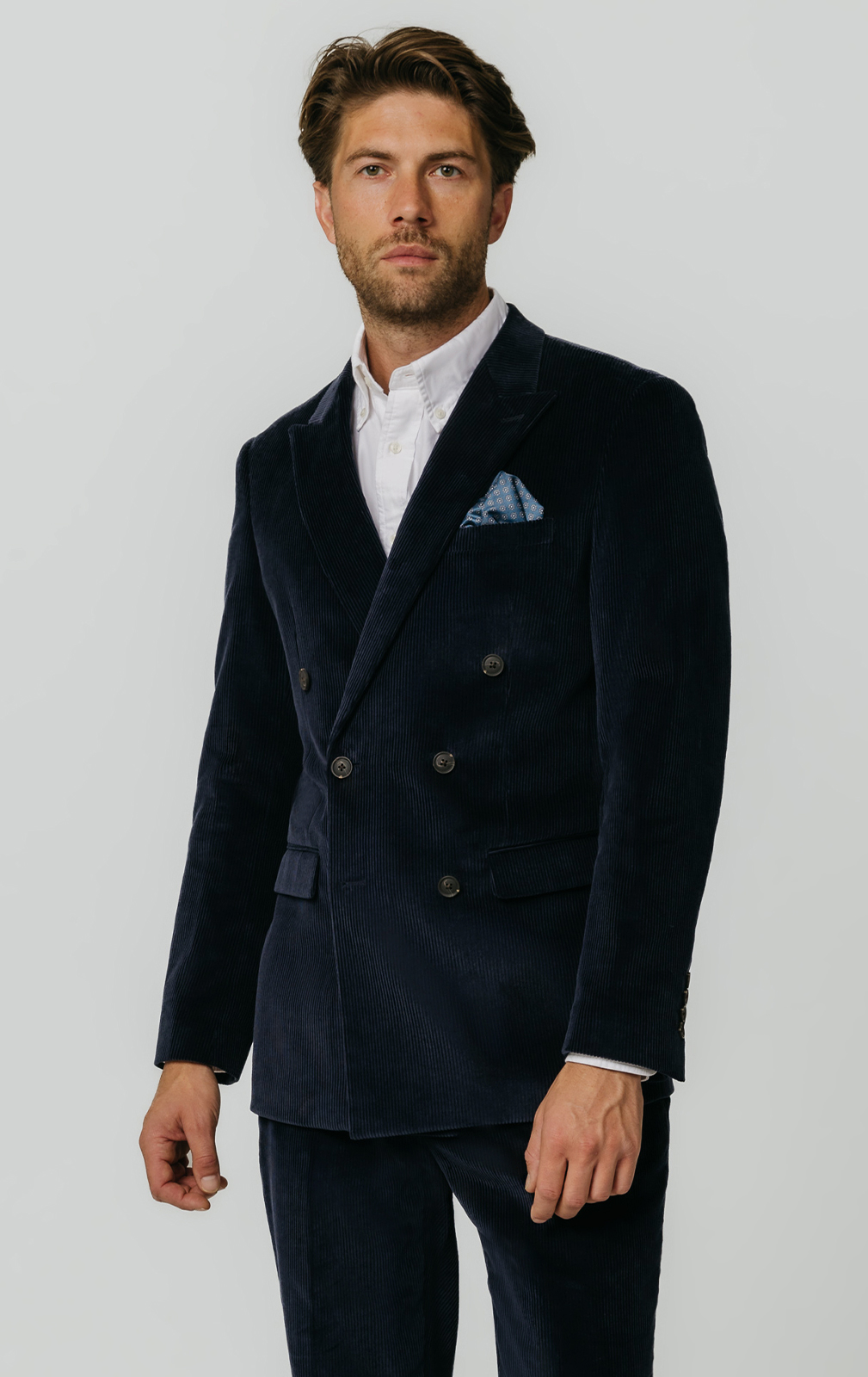 Double Breasted Navy Corduroy Suit | Dobell
