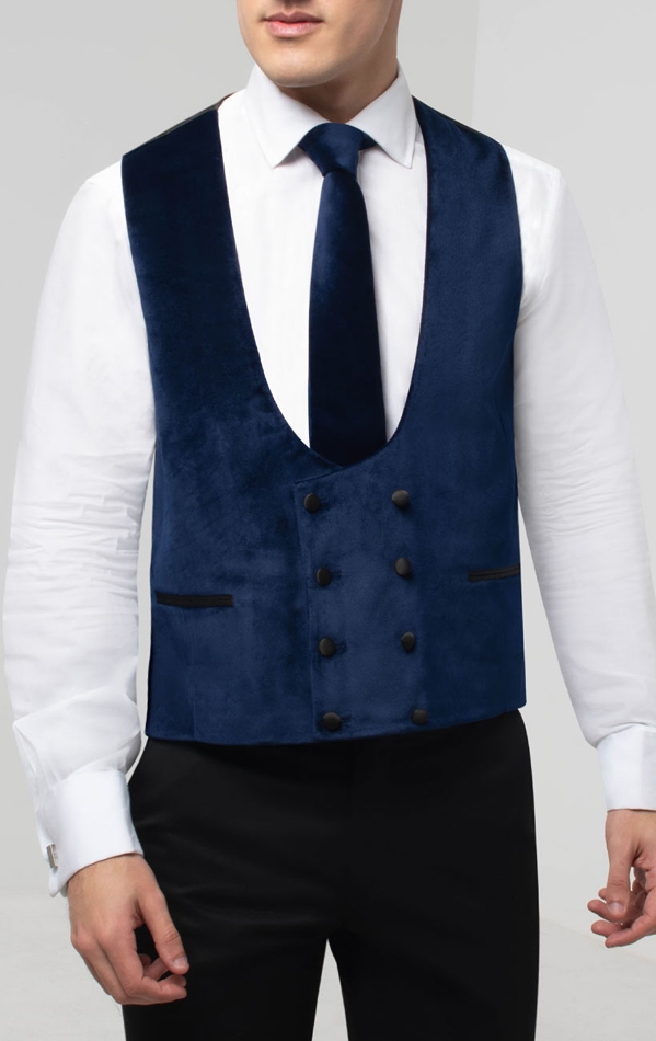 Dobell Navy Velvet Double Breasted Tuxedo Vest | Dobell