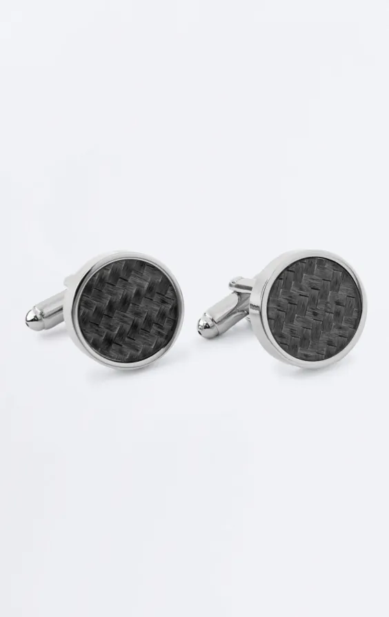 Gray and Silver Geometric Pattern Round Cufflinks