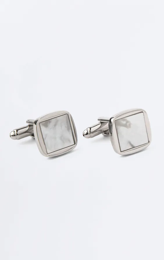 Silver Colored Square Cufflinks with Mother of Pearl Inset Silver Colored Square Cufflinks with Mother of Pearl Inset