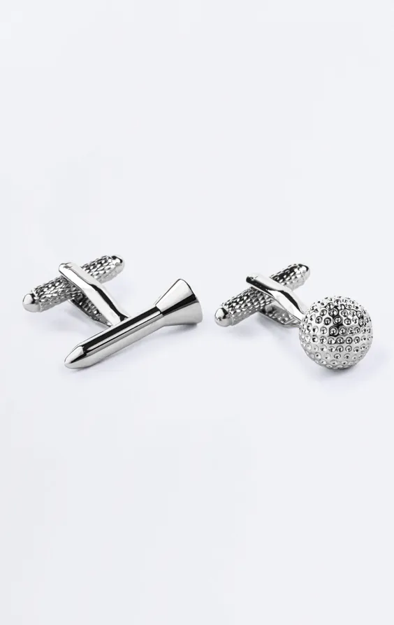 Silver Colored Golf Ball and Tee Cufflinks Silver Colored Golf Ball and Tee Cufflinks