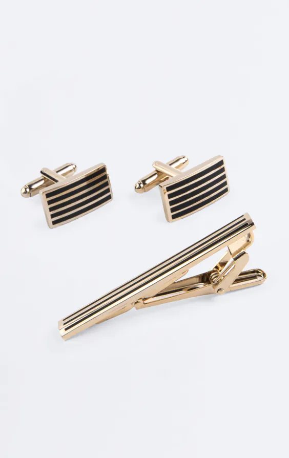 Gold and Black Colored Rectangle Cufflinks and Necktie Clip Gold and Black Colored Rectangle Cufflinks and Necktie Clip