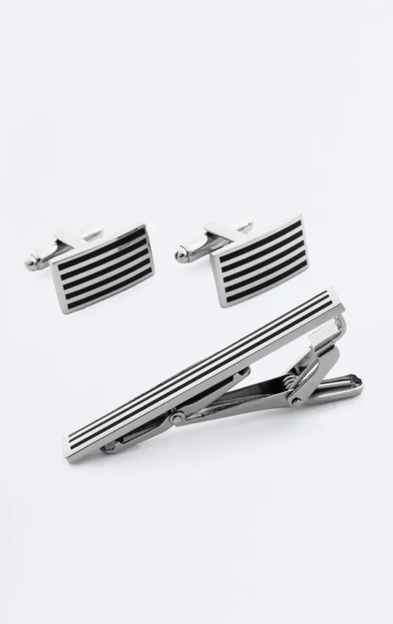 Silver and Black Colored Rectangle Cufflinks and Necktie Clip Silver and Black Colored Rectangle Cufflinks and Necktie Clip