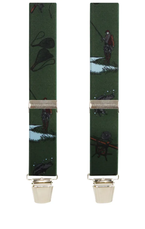 Dark Green Fishing Scene Suspenders