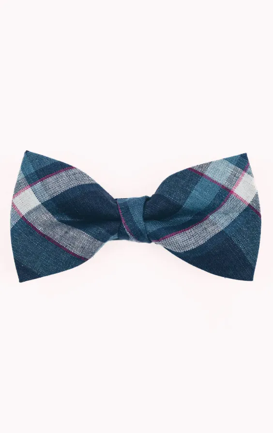 Blue Bold Check Linen Bow Tie Blue Bold Check Linen Bow Tie