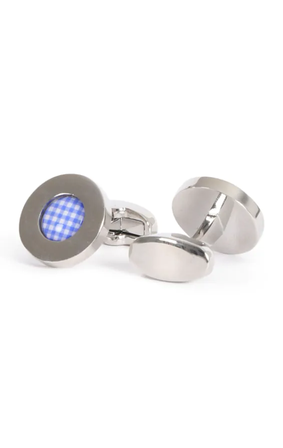Blue Gingham Pattern Rhodium Plated Cufflinks - photo 1