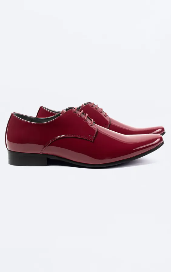 Burgundy Patent Contemporary Tuxedo Shoes | Dobell