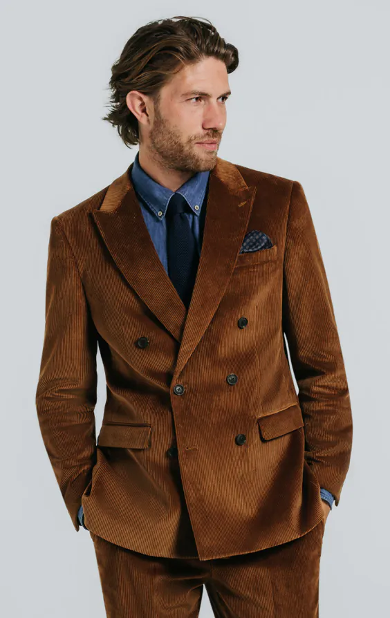 Double Breasted Mid Brown Corduroy Jacket | Dobell