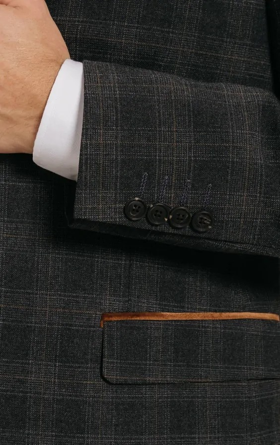 Charcoal Heritage Check with Brown Trim Suit Jacket | Dobell