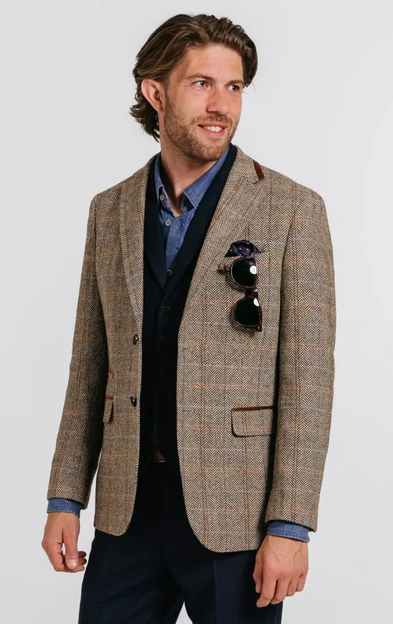 Brown and Blue Check Tweed Wool Blend Jacket with Velvet Trim | Dobell