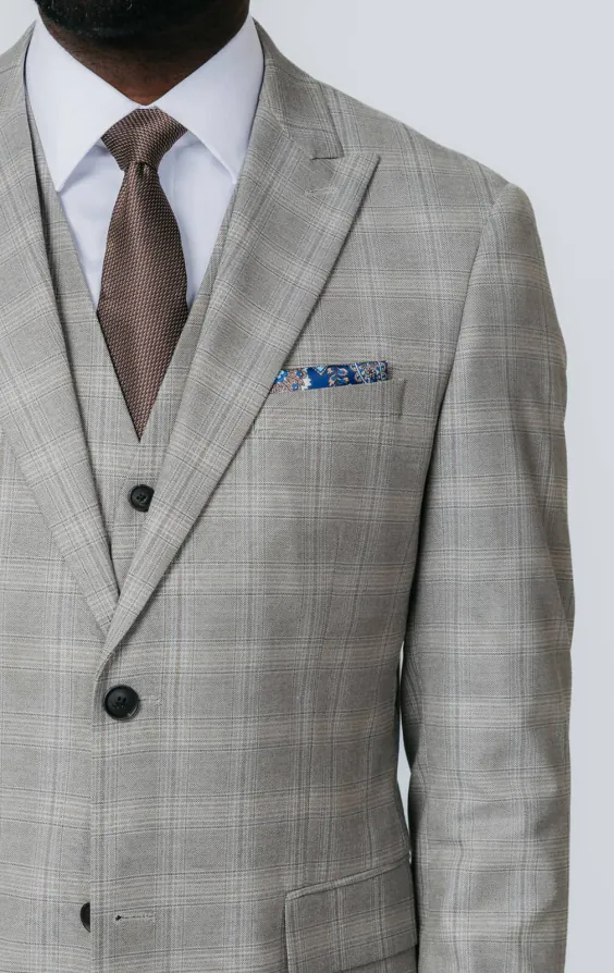 Taupe Check 3 Piece Suit with Peak Lapel - photo 3