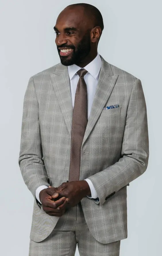 Taupe Check Suit Jacket with Peak Lapel Dobell