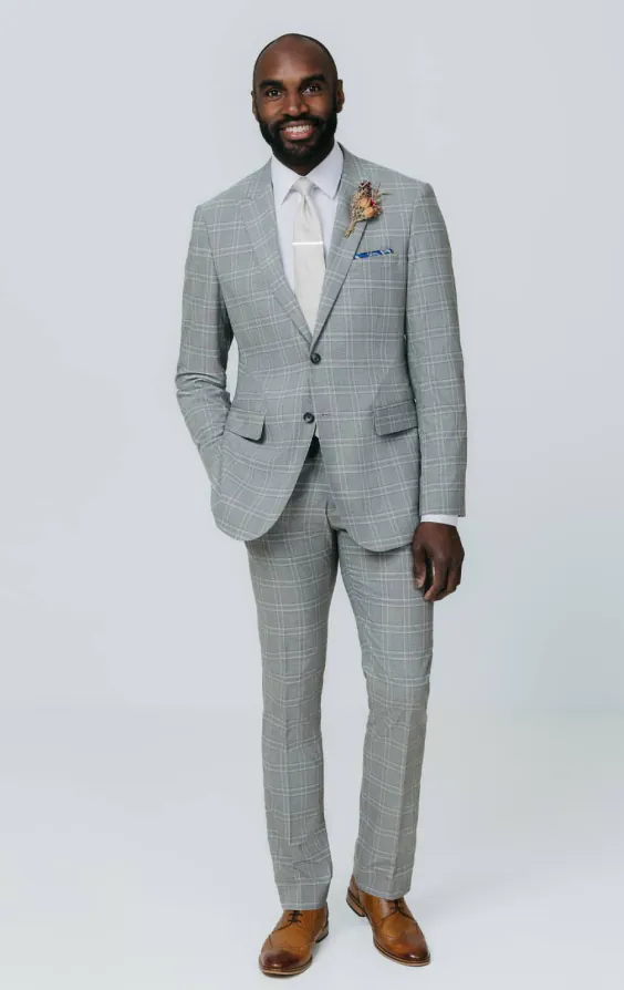 Gray with Tan Check Suit Jacket with Peak Lapel - photo 1