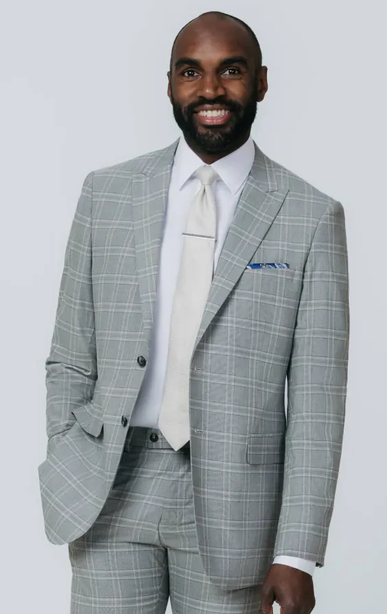 Gray with Tan Check Suit Jacket with Peak Lapel
