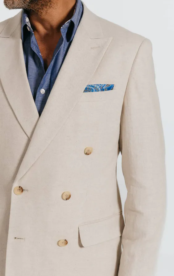 Oatmeal Linen Herringbone Double Breasted Suit Jacket with Peak Lapel - photo 3 Oatmeal Linen Herringbone Double Breasted Suit Jacket with Peak Lapel - photo 3