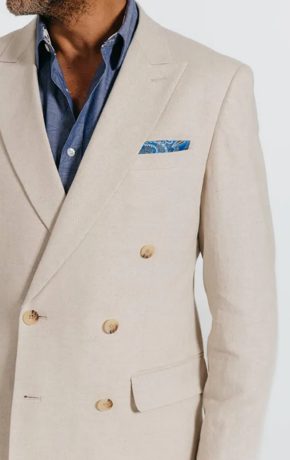 Oatmeal Linen Herringbone Double Breasted Suit with Peak Lapel - photo 3 Oatmeal Linen Herringbone Double Breasted Suit with Peak Lapel - photo 3