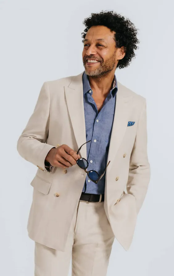Oatmeal Linen Herringbone Double Breasted Suit Jacket with Peak Lapel Oatmeal Linen Herringbone Double Breasted Suit Jacket with Peak Lapel