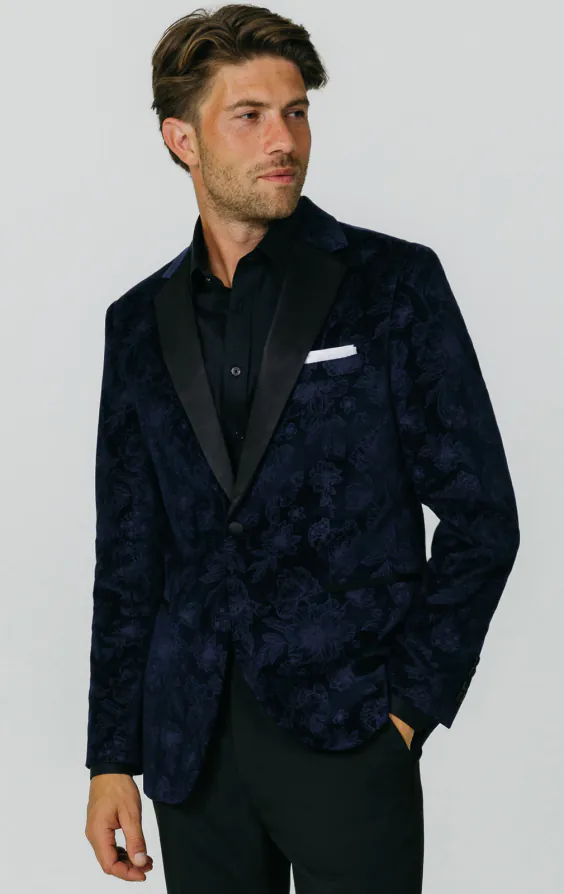 Navy Floral Jacquard Velvet Tuxedo Jacket Navy Floral Jacquard Velvet Tuxedo Jacket