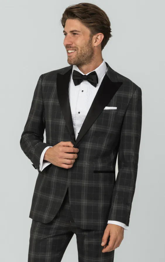 Gray Tartan Check Dinner Jacket with Peak Lapel Gray Tartan Check Dinner Jacket with Peak Lapel