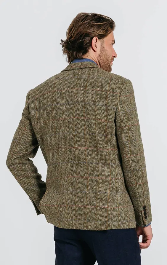 Harris Tweed of Scotland Green Herringbone Windowpane Check Tweed