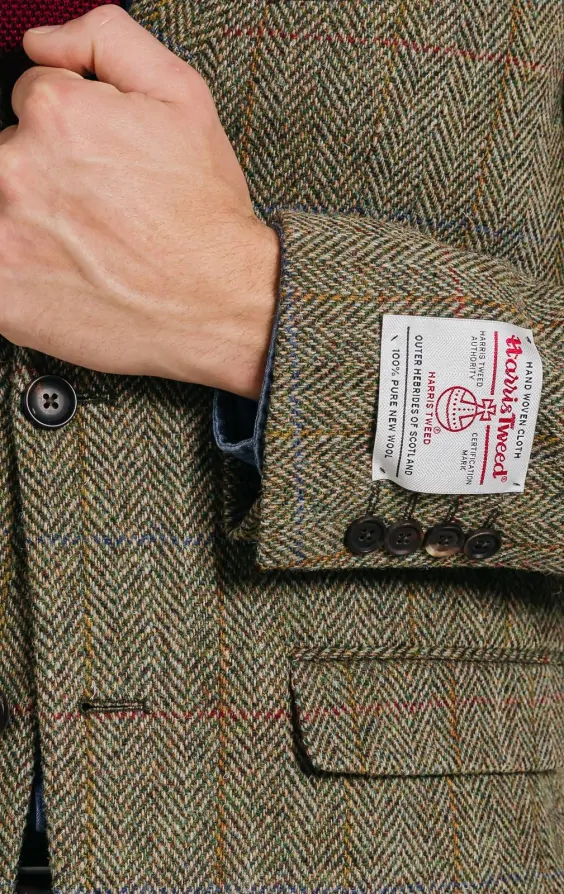 Harris Tweed of Scotland Green Herringbone Windowpane Check Tweed