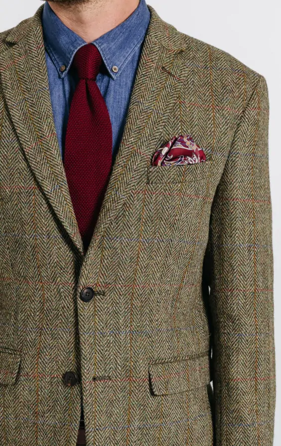 Harris Tweed of Scotland Green Herringbone Windowpane Check Tweed
