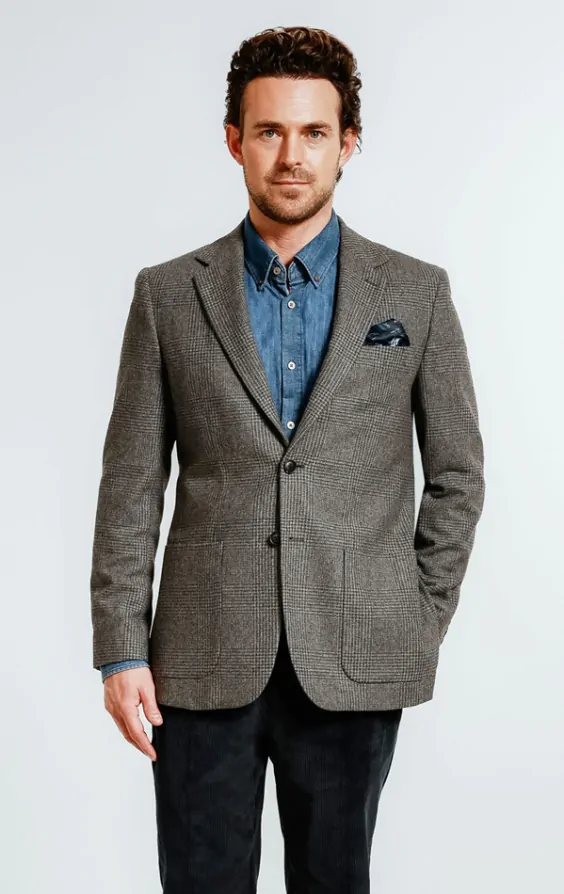 Dobell Grey Prince of Wales Check Tweed Jacket with Patch Pockets