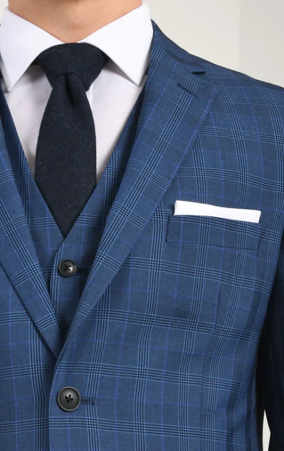 Dobell Dark Blue Check Suit Jacket | Dobell