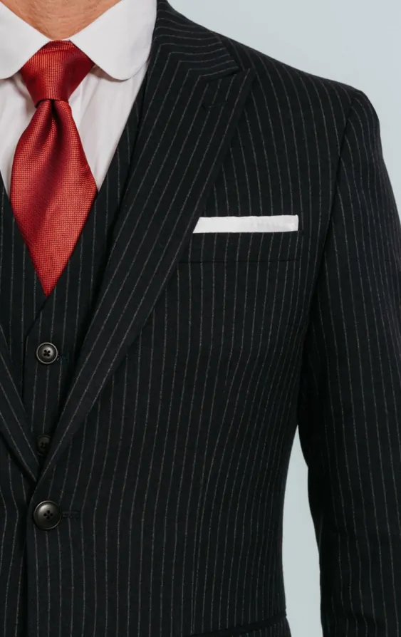 Men'S Two Black And Red Stripe 2 Button Bold Chalk Pinstripe ~ Stripe Peak Lapel Cheap Priced Business Suits Clearance Sale Vested 3 Piece Pleated Pants